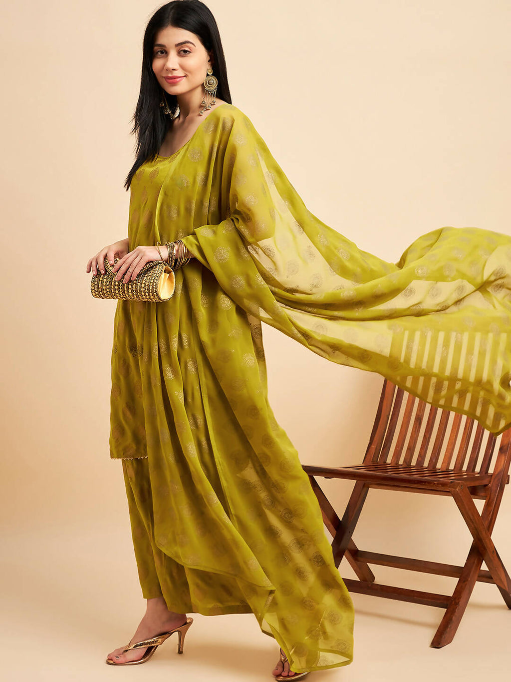 Lime Green & Golden Ethnic Motifs Print Kurta with Palazzo & Dupatta - Vishwa