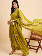 Lime Green & Golden Ethnic Motifs Print Kurta with Palazzo & Dupatta - Vishwa