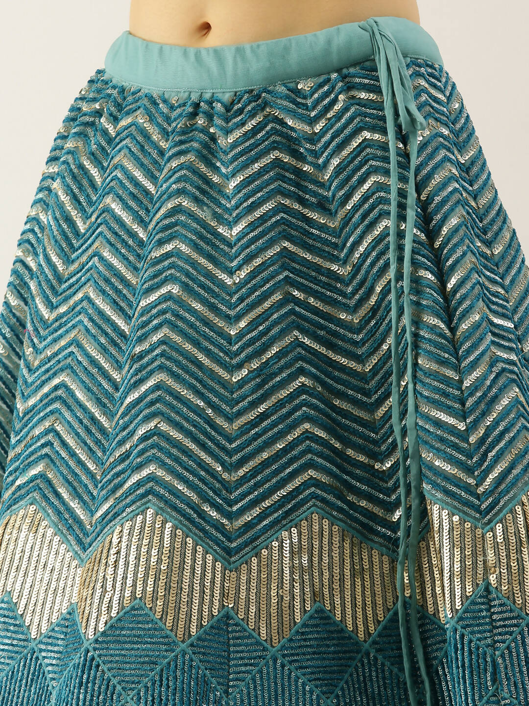 House of Panchhi Women Sea Green Net Zig-Zag Embroideried Lehenga, Blouse & Dupatta
