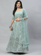 Pista Green Georgette Paper Mirror Embroidery Work Lehenga Choli with Dupatta - Jivika
