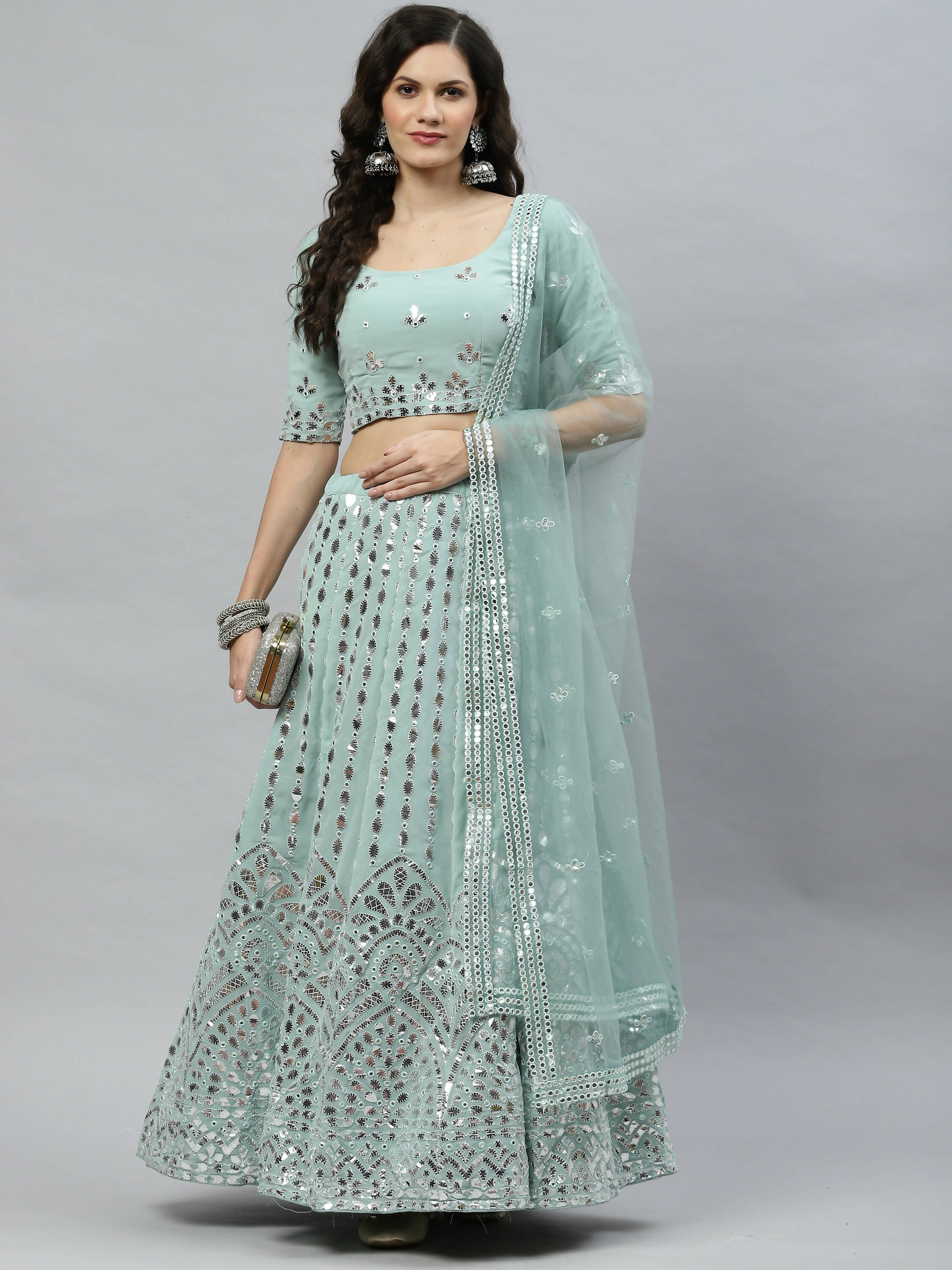 Pista Green Georgette Paper Mirror Embroidery Work Lehenga Choli with Dupatta - Jivika