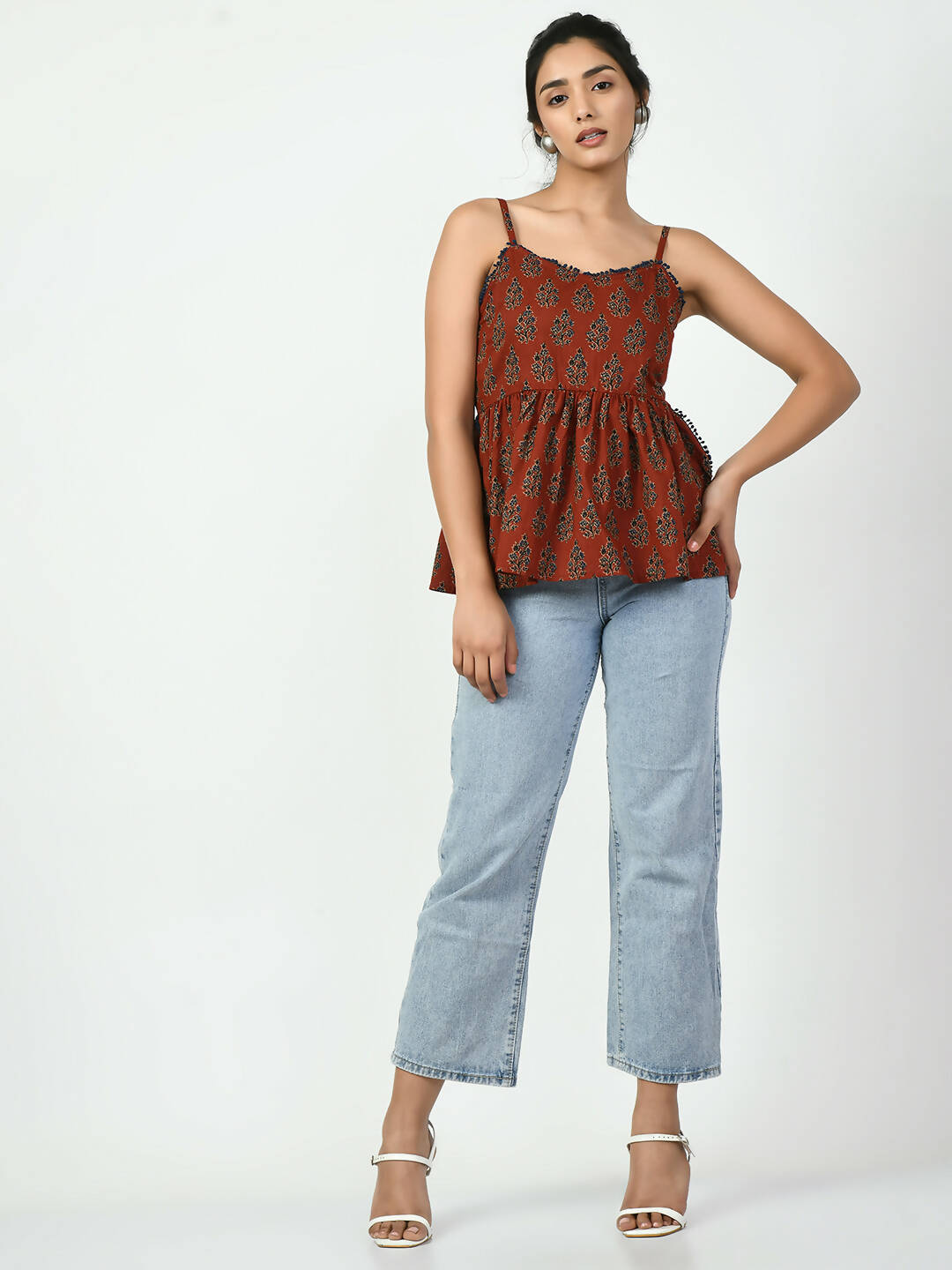 Myshka Women's Rust Ethnic Motifs Printed Top