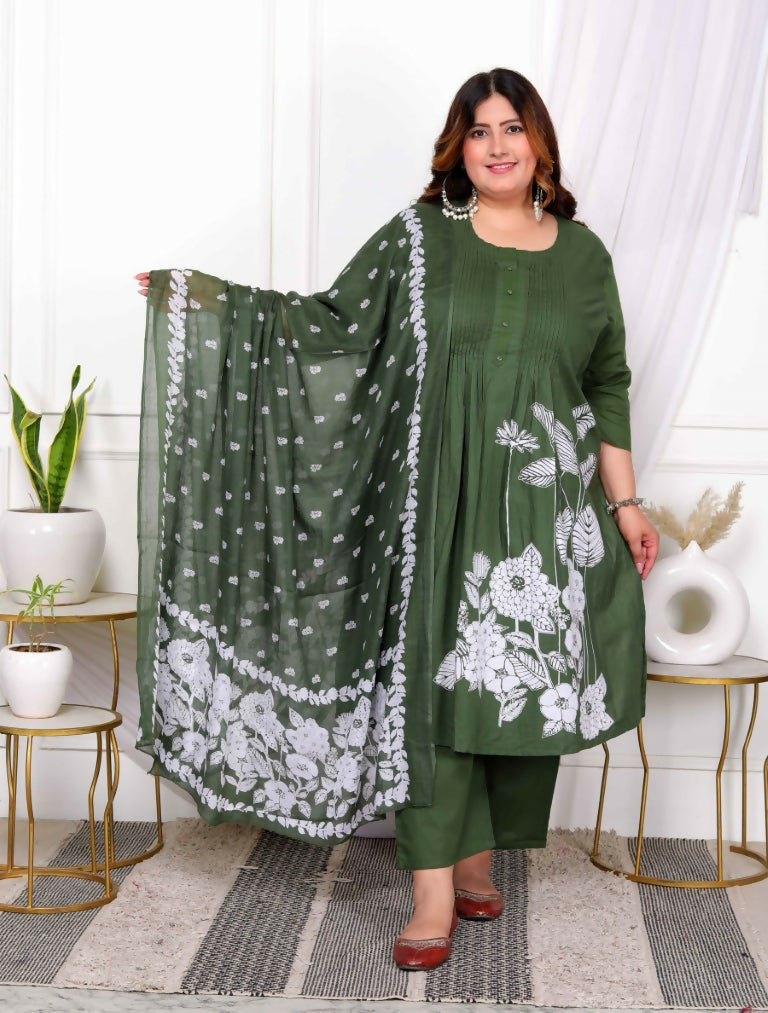 Miravan Women's Plus Size Mehandi Pintucks Floral Pattern Cotton Straight Kurta with Palazzo And Floral Dupatta Set