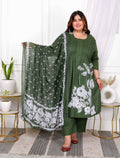 Miravan Women's Plus Size Mehandi Pintucks Floral Pattern Cotton Straight Kurta with Palazzo And Floral Dupatta Set