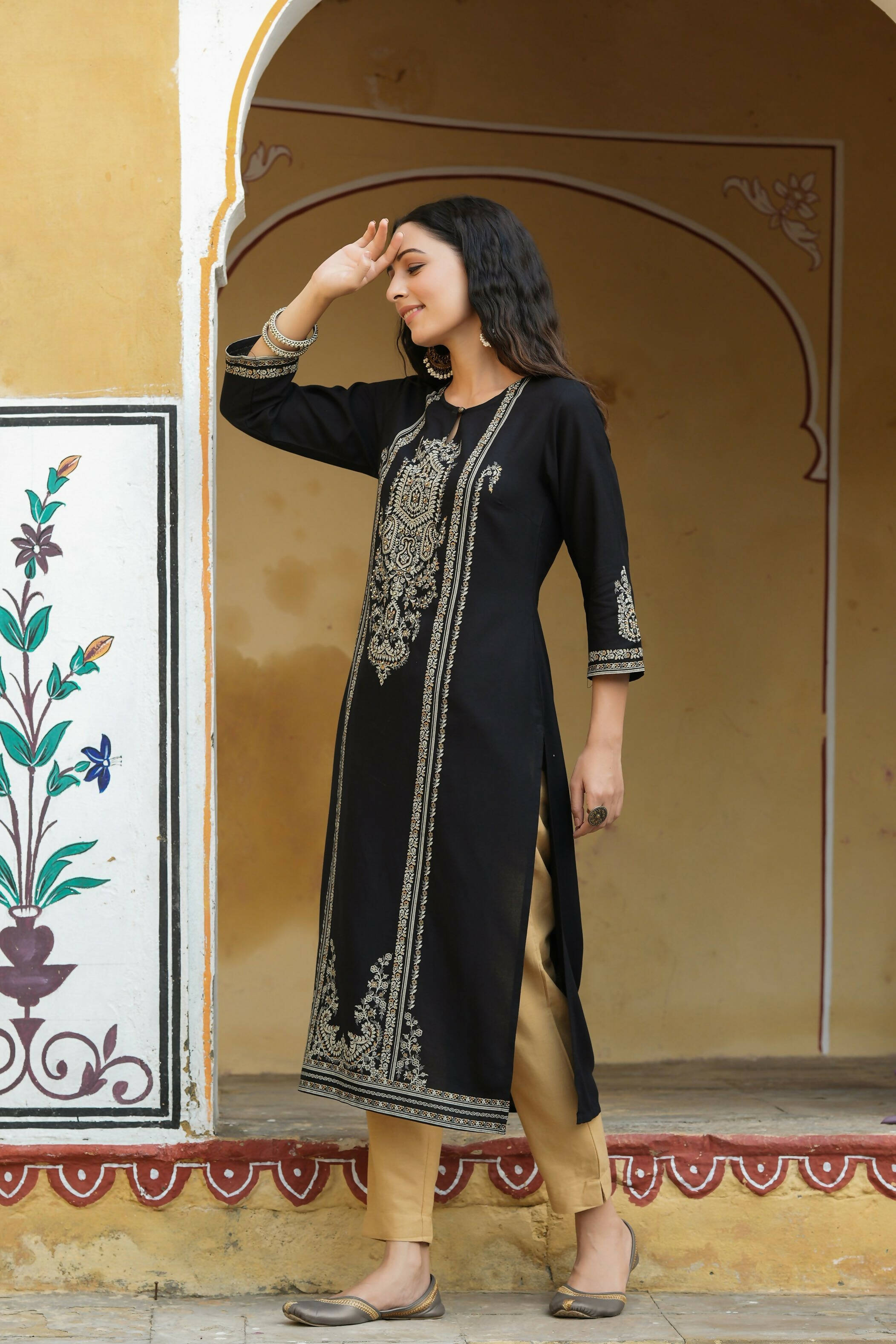 Juniper Women's Black Rayon Printed Straight Kurta - Distacart