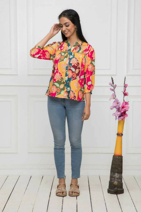 Myshka Women Multi Floral Mandarin Collar Regular Sleeves Viscose Rayon Top
