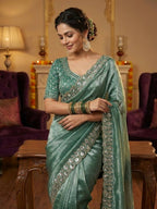 Joban Fashion Green Fandy Satin Silk Party Wear Sarees - Distacart