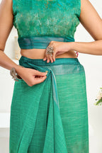Joban Fashion Rama Green Floral Linen Ready To Wear Saree With Unstitched Blouse - Distacart