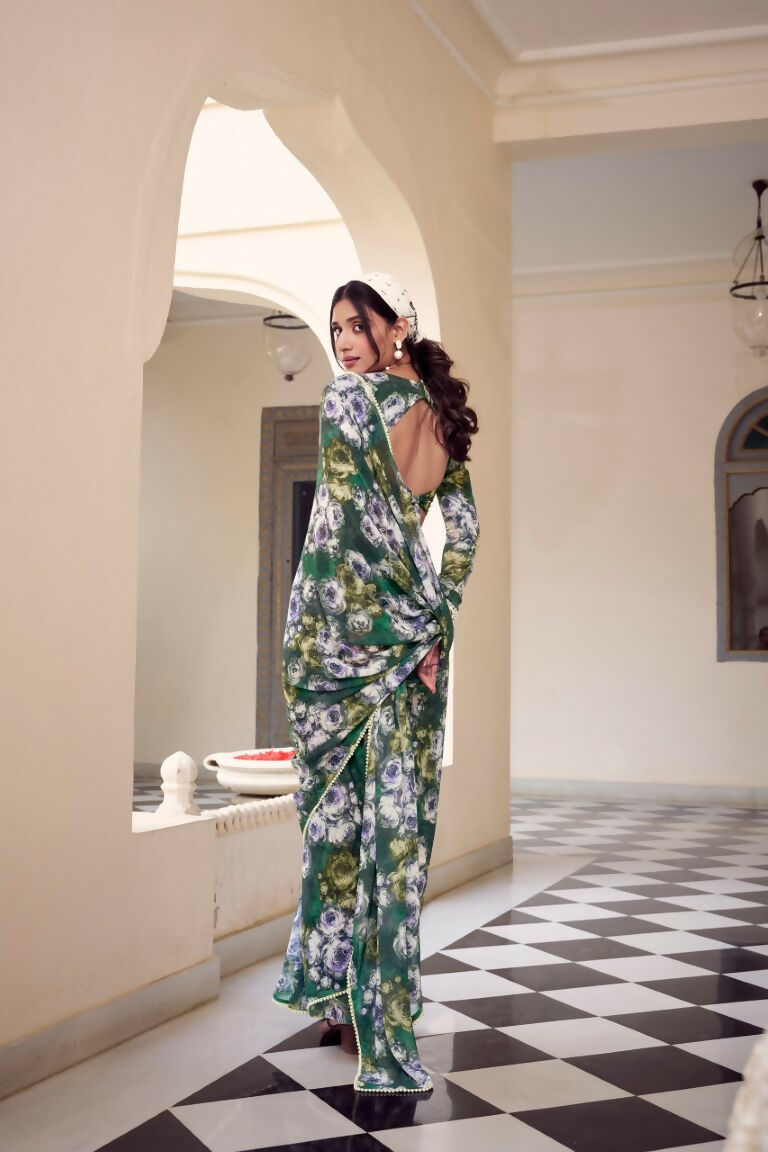 Vastranavya Green Weightless Marble Printed & Pearl Lace Border Saree with Unstitched Blouse