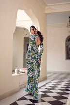 Vastranavya Green Weightless Marble Printed & Pearl Lace Border Saree with Unstitched Blouse