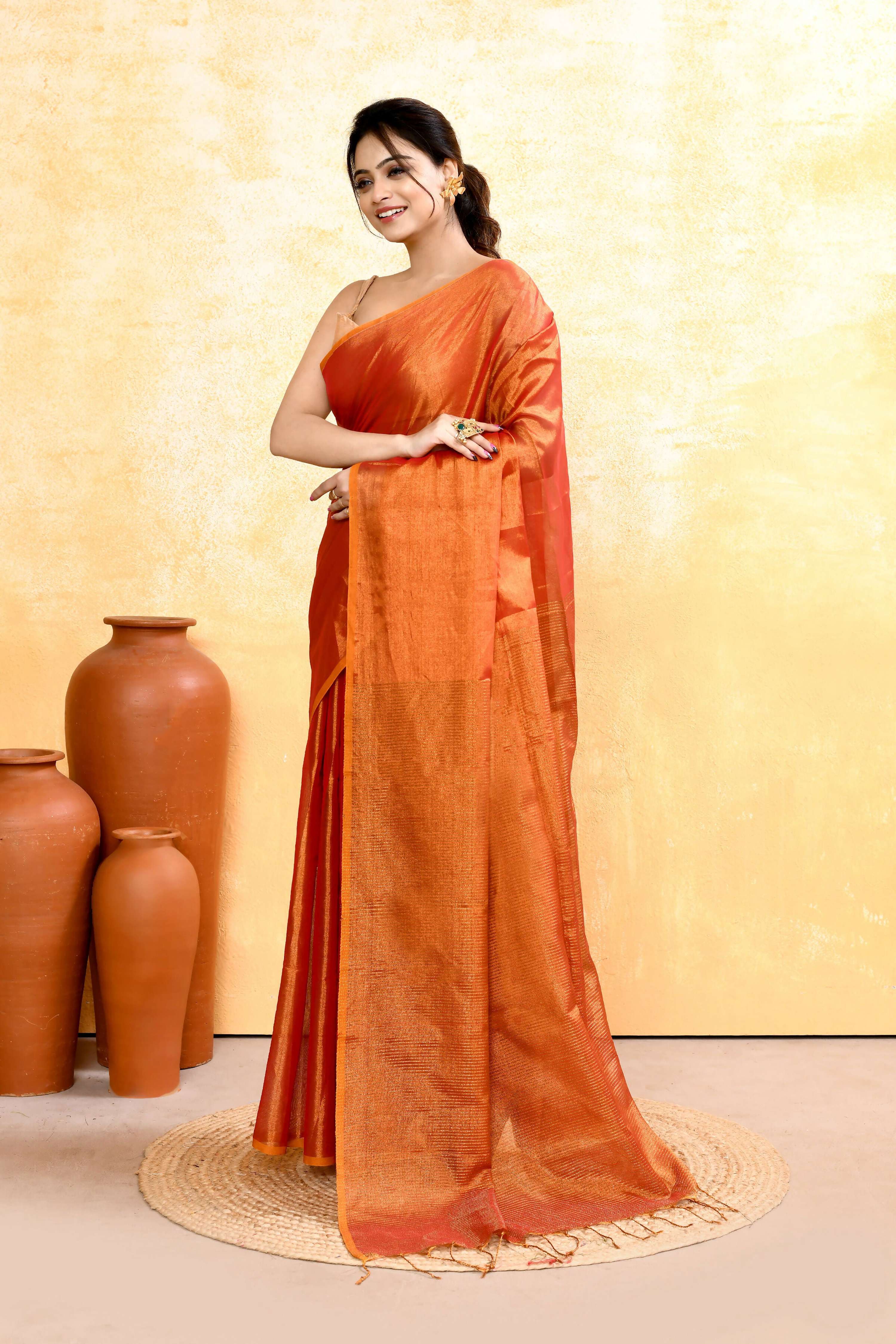 Piyari Fashion Women's Rust Dual Tone Organic Tissue Saree With Blouse Piece - Distacart