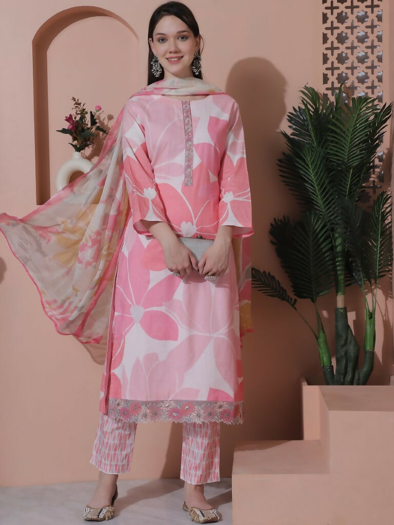 Jyoti Fashion Women's Pink Cotton Floral Digital Print & Floral Embroidered Cutwork Border Sequins Work Kurta with Trouser & Dupatta
