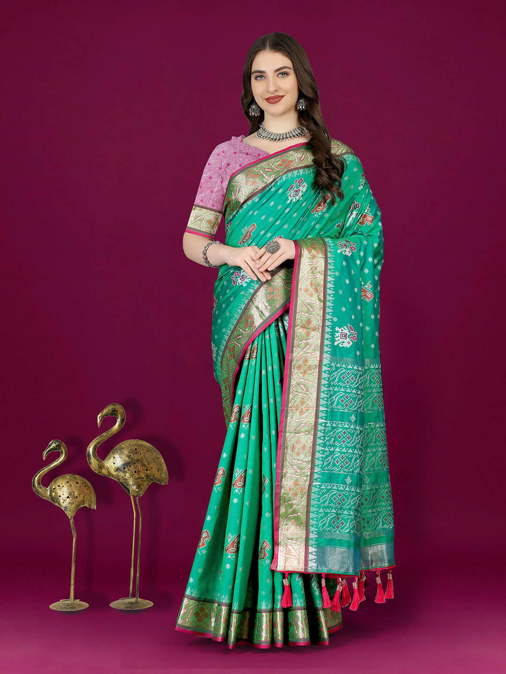 Lorenvalley Fashion Teal Patola Silk Woven Design Zari Meenakari Weaving Saree
