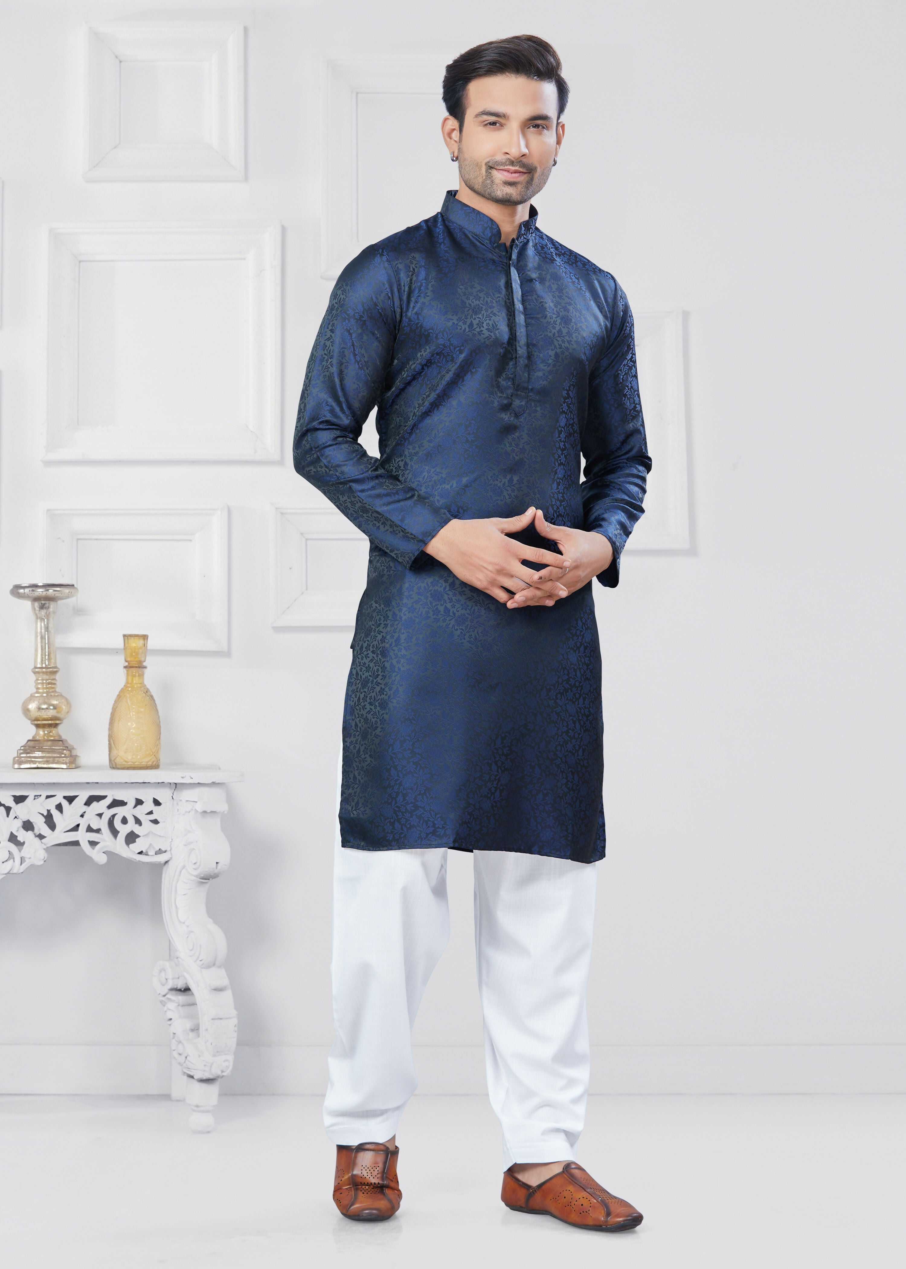 Joban Fashion Men's Jacquard Silk Navy Blue Printed Kurta Pyjama set