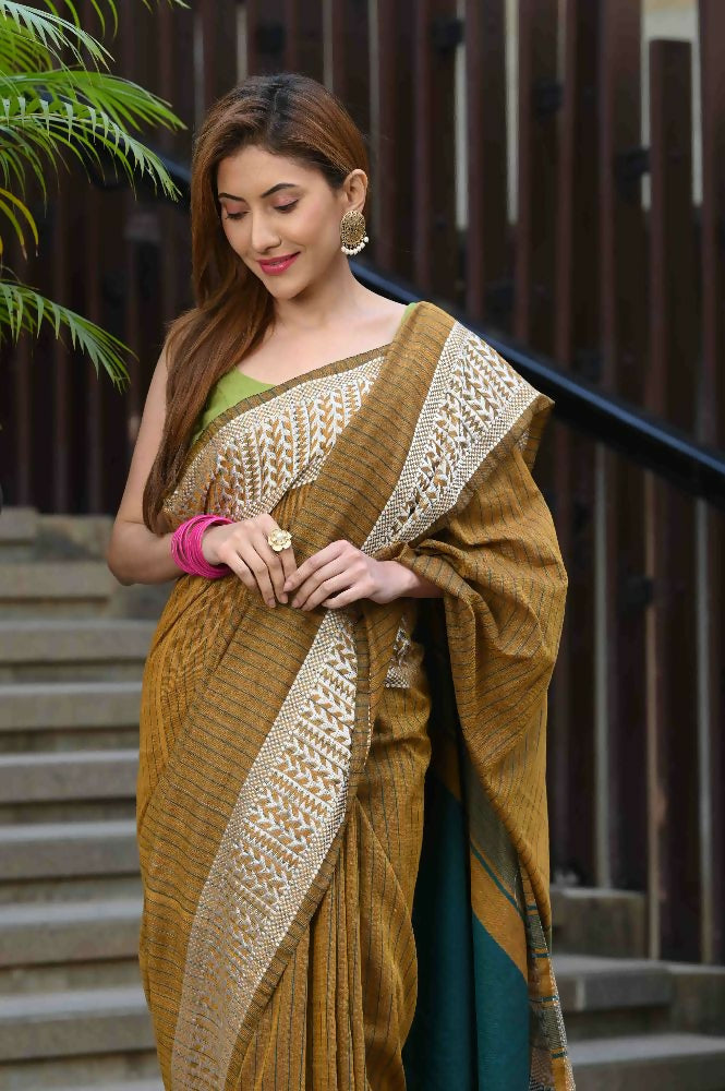 Beatitude Mustard Cotton Jacquard Border Tangail Handloom Saree