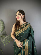 Joban Fashion Dark Green Banarasi Soft Silk Woven Saree - Distacart
