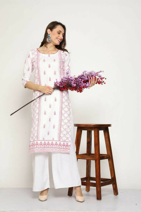 Maai Rayon Hand Printed Kurta Off-White