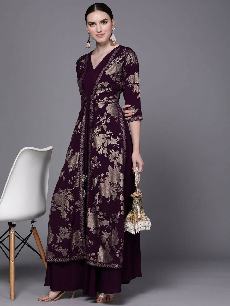 Ahalyaa Women Burgundy Floral Fit & Flare Maxi Ethnic Dress - Distacart
