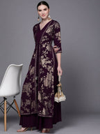 Ahalyaa Women Burgundy Floral Fit & Flare Maxi Ethnic Dress - Distacart