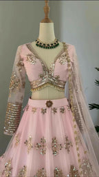 Jyoti Fashion Women's Baby Pink Butterfly Net 9MM Sequins with Thread Embroidered Designer Lehenga Choli Set
