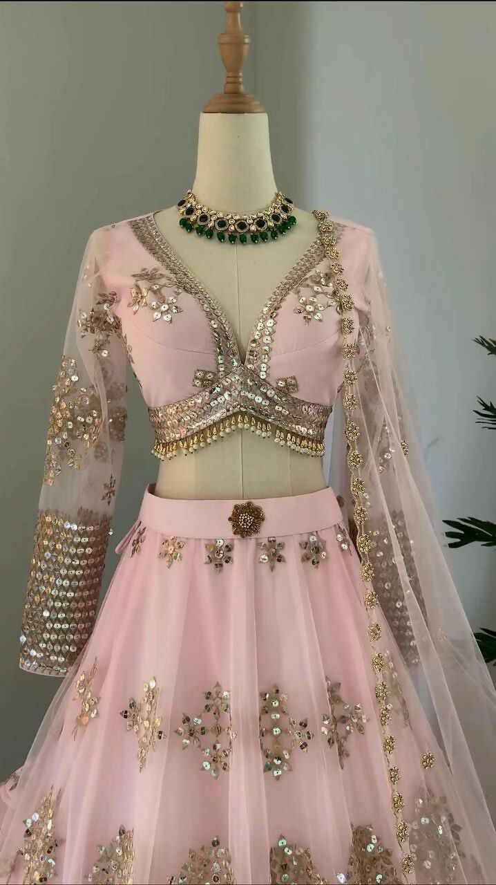 Jyoti Fashion Women's Baby Pink Butterfly Net 9MM Sequins with Thread Embroidered Designer Lehenga Choli Set