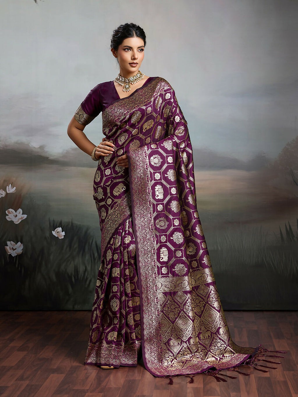 Shree Shyam Fashion Wine Silk Blend Saree - Distacart