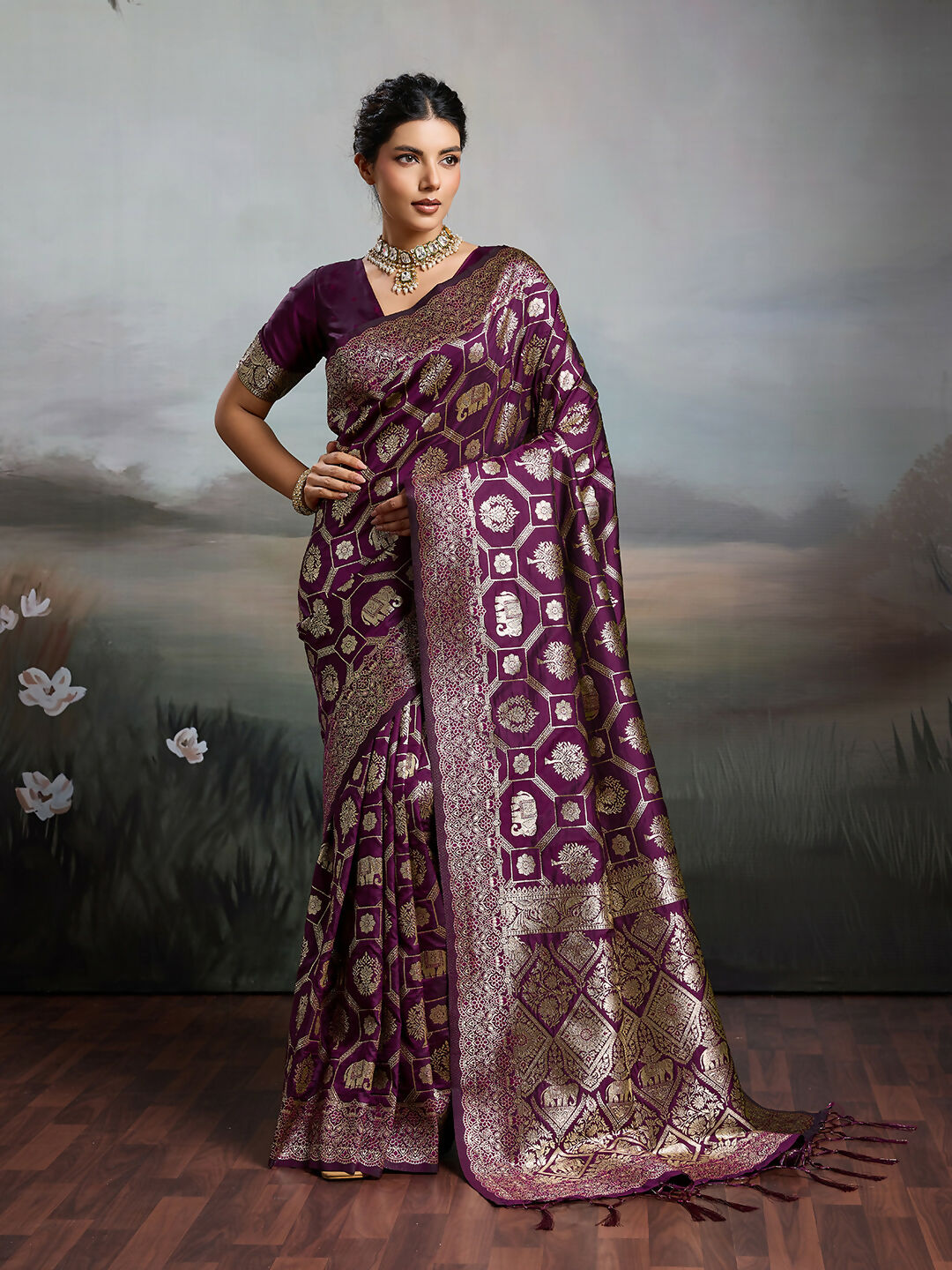 Shree Shyam Fashion Wine Silk Blend Saree - Distacart