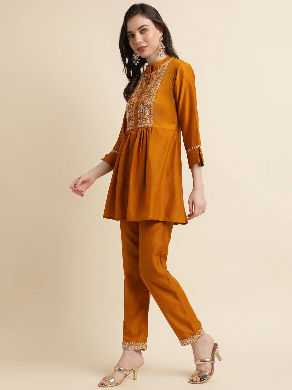 Mustard Chinon Floral Embroidered Top with Bottom - Maanushi