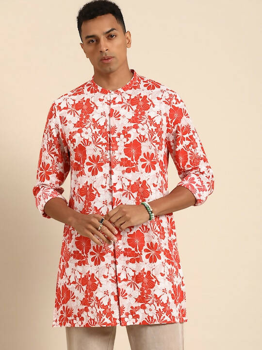 Red & White Men pure Cotton Floral Printed Straight Kurta - Mahotsav
