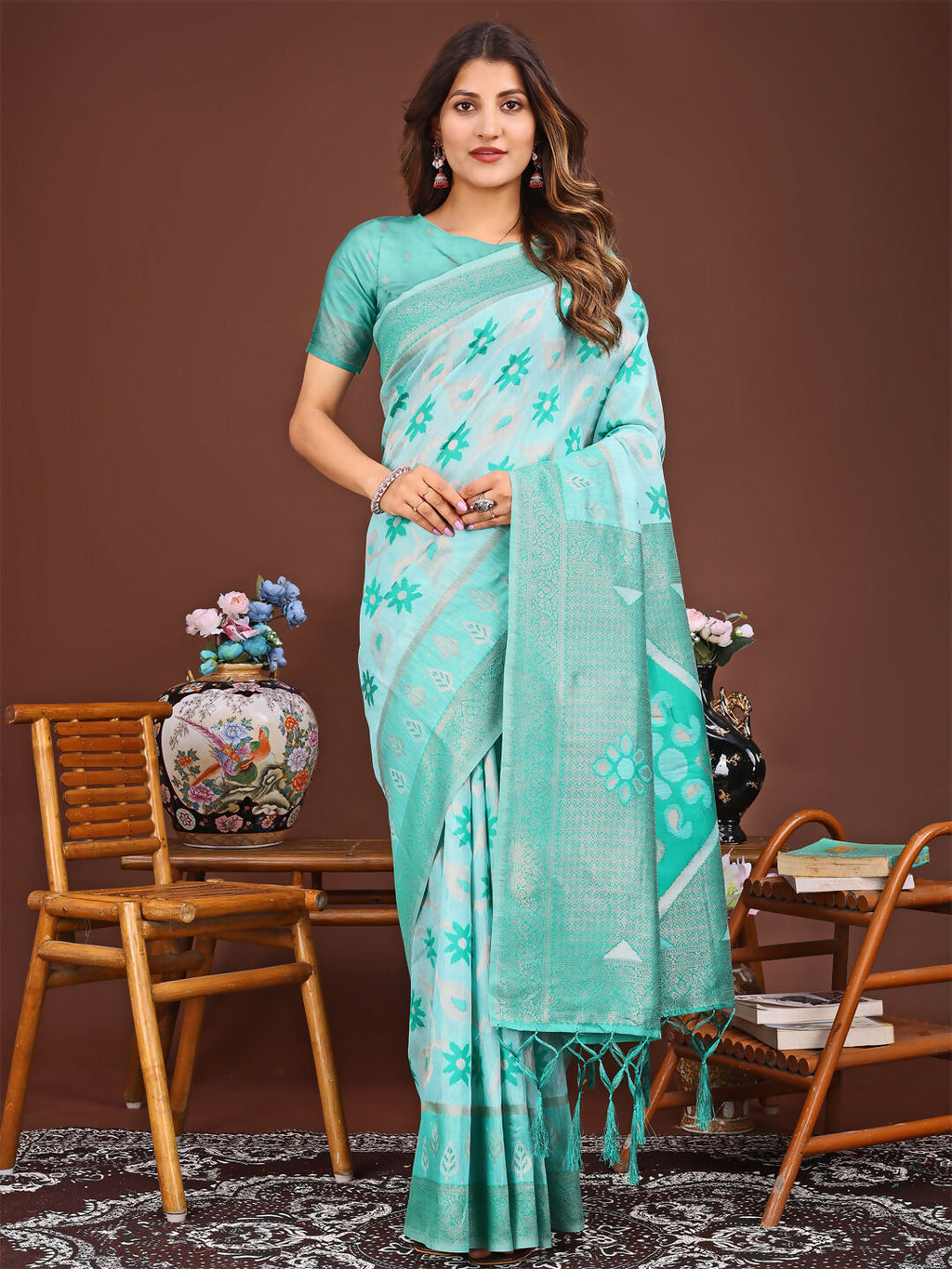 Shree Shyam Fashion Sajni Sea Green Linen Cotton Saree