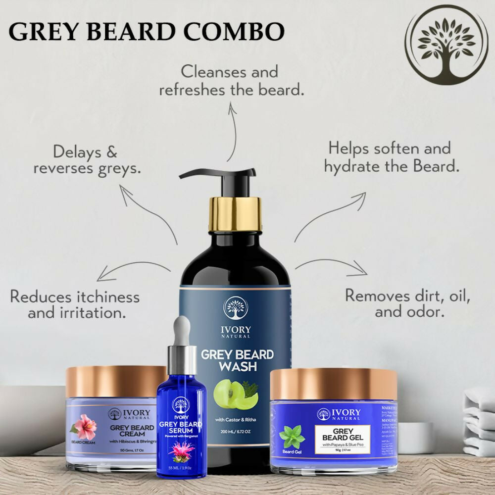 Ivory Natural Grey Beard Combo (Serum, Cream, Wash & Gel) Restore Your Silver Beard To Natural Color - Distacart