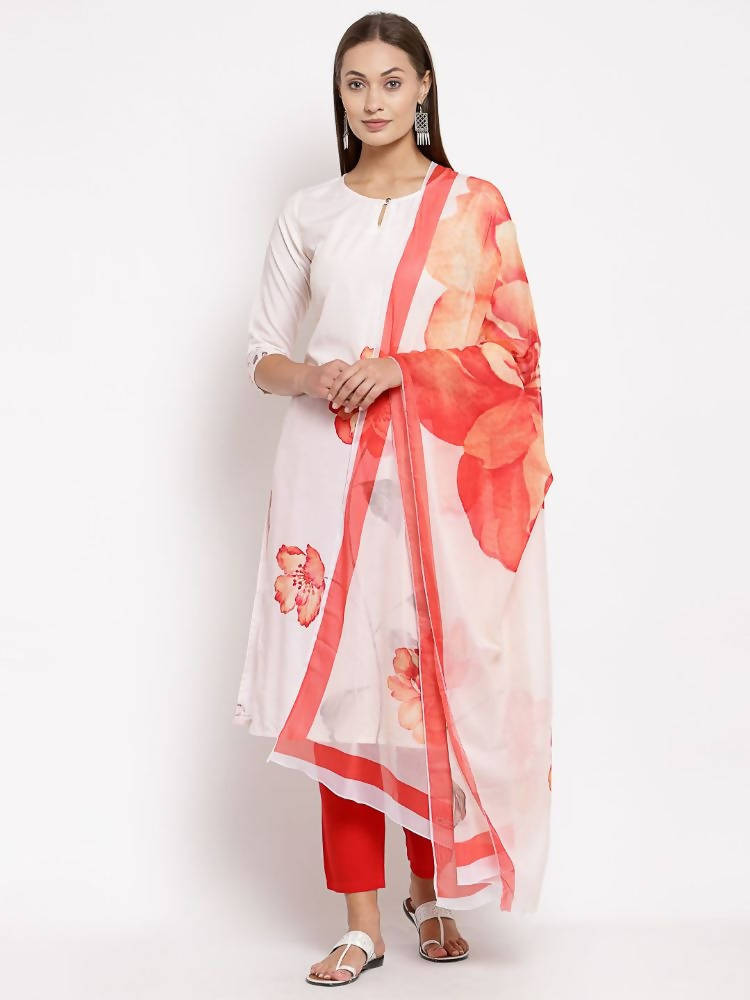 Myshka Women's White Printed Cotton Printed 3/4 Sleeve Round Neck Casual Kurta Pant Dupatta Set