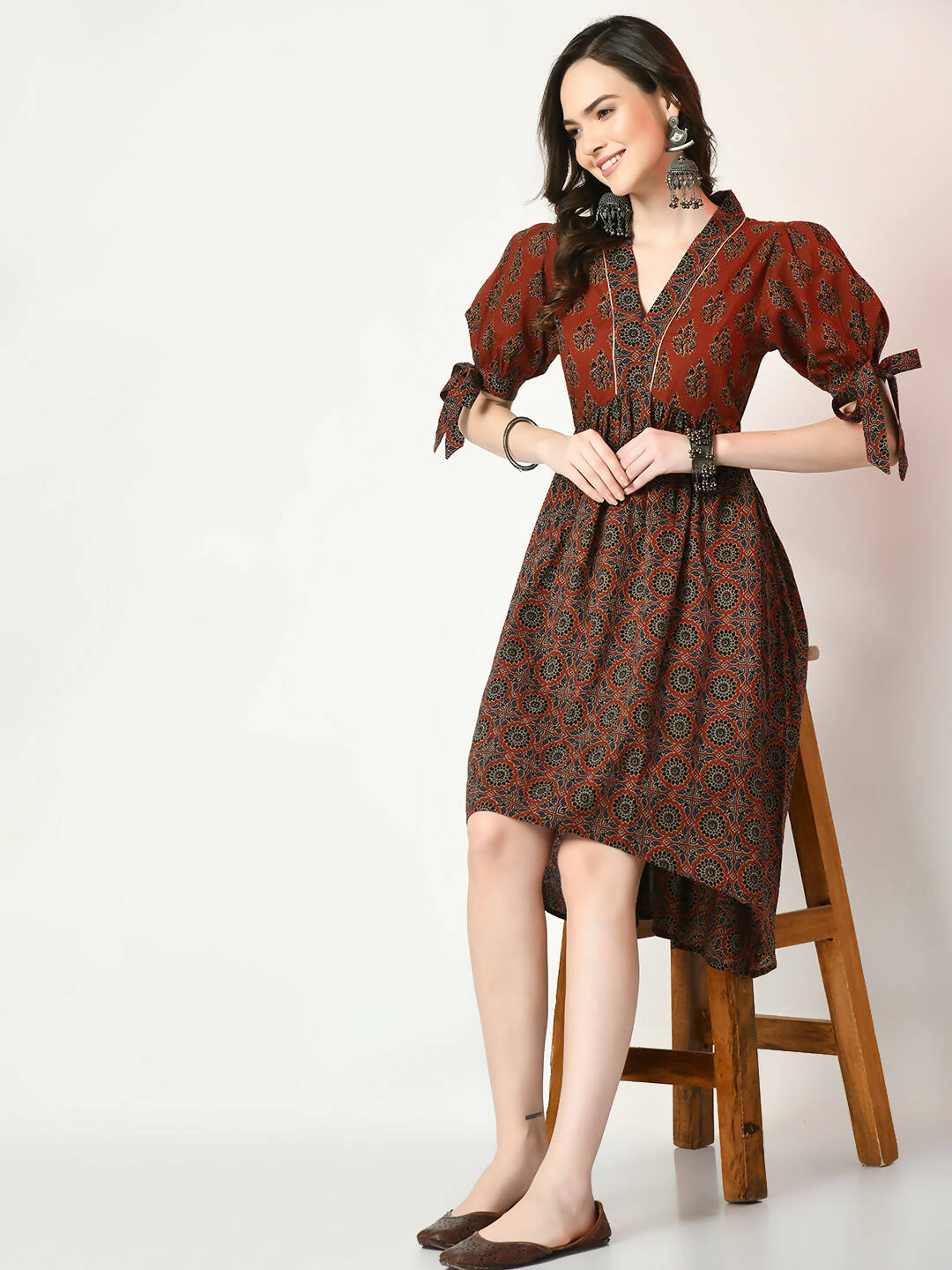 Myshka Women's Rust Empire Printed Dress - Distacart