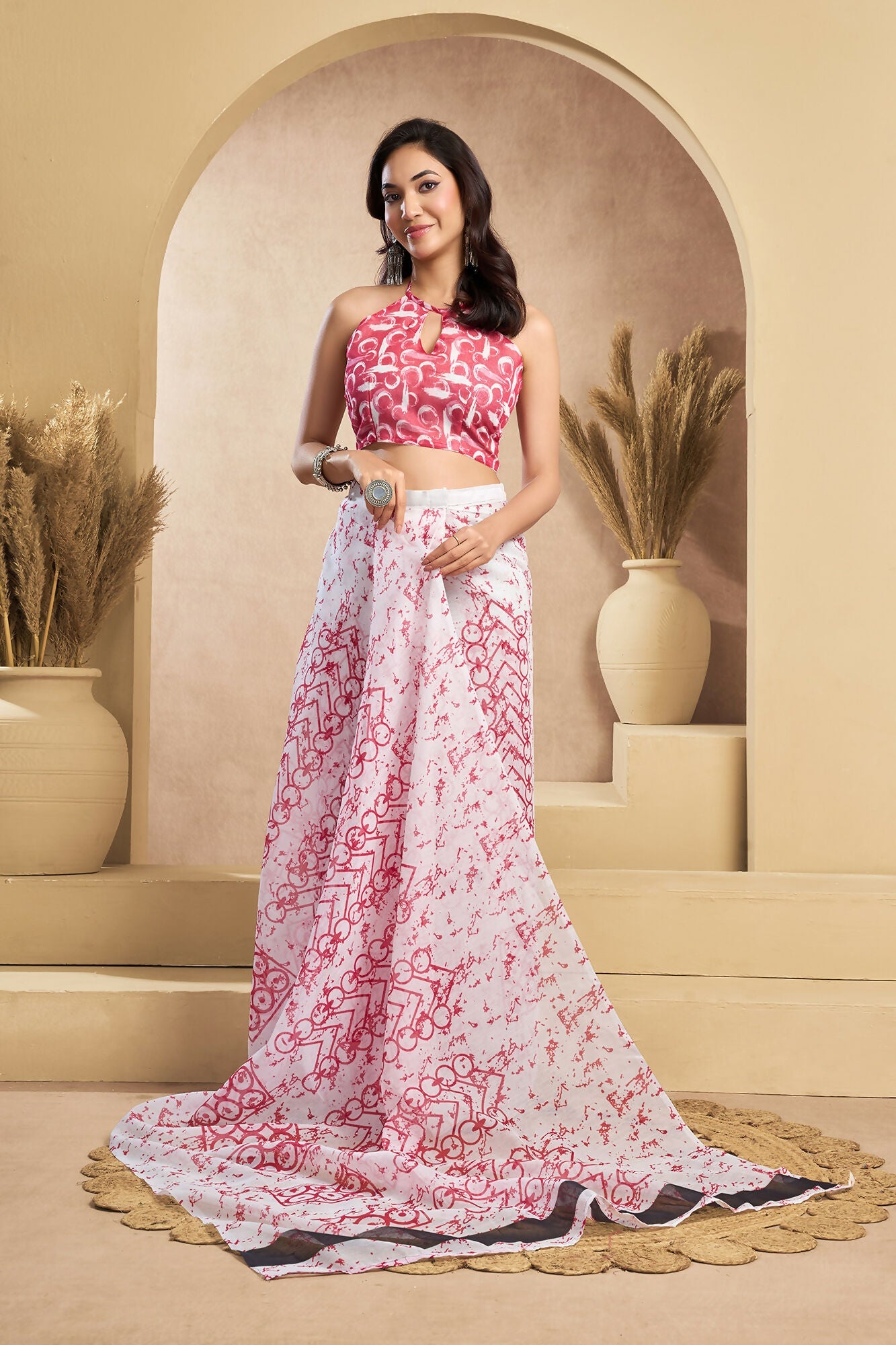 Vastranavya White Red Digital Printed Linen Ready To Wear Designer Saree with Unstitched Blouse - Distacart