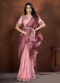 Pink Crepe Satin Silk Embroidered Saree with stitched Blouse - Mohmanthan Saha Saki