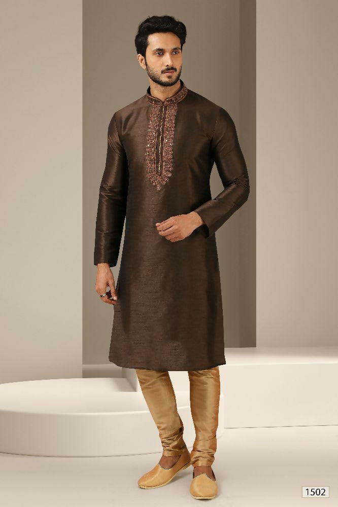 Raivat Ethnic Banarasi Art Silk Mirror Work Kurta Pajama In Brown Colour - Distacart