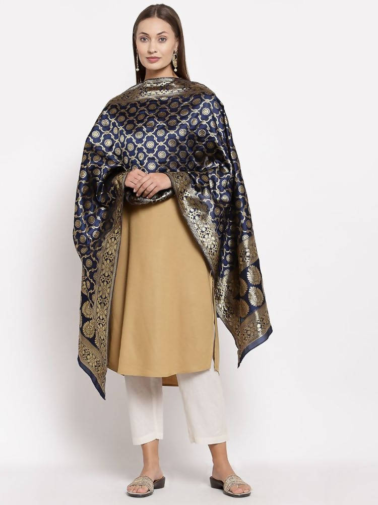 Myshka Women's Black Silk Print Casual Dupatta