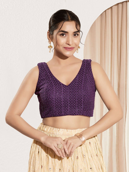 Joban Fashion Wine Sequence Padded Blouse With V Neck Sleeveless