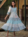 Juniper Women's Blue Cotton Cambric Geometric Printed Tiered Maxi Dress - Distacart