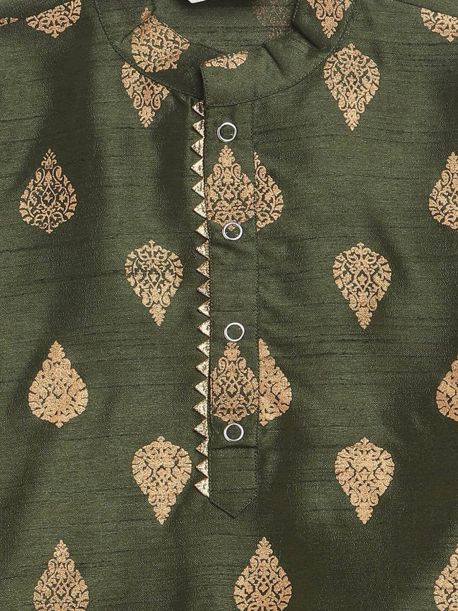 Ahalyaa Green Poly Silk Gold Print Kids Kurta Churidar Set For Boys