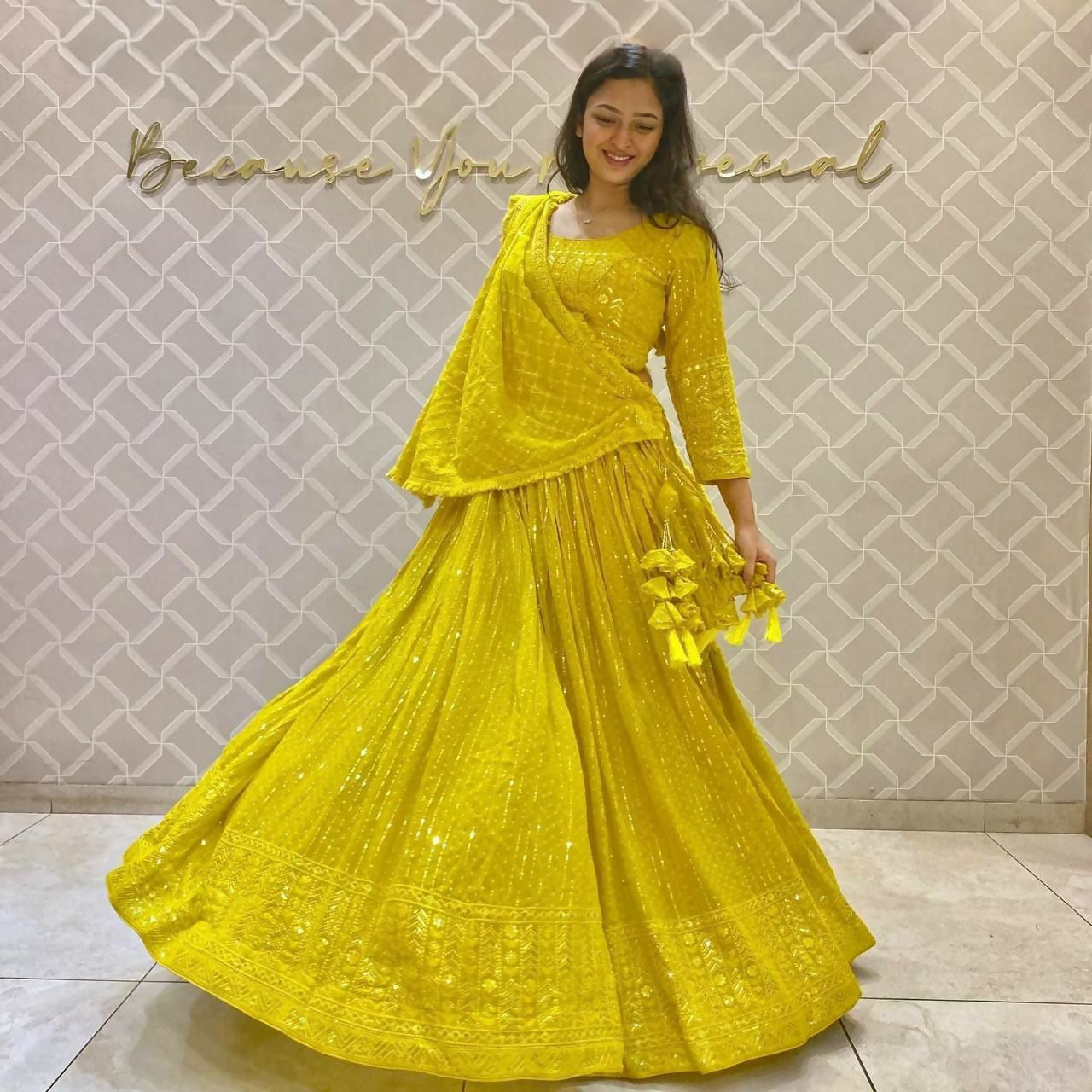 Jyoti Fashion Women's Yellow Faux Georgette 3MM Sequins Embroidered Designer Lehenga Choli Set