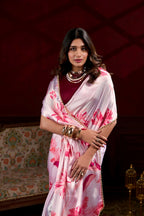 Vastranavya Baby Pink Satin Silk Floral Printed with Pearl Lace Saree with Unstitched Blouse - Distacart