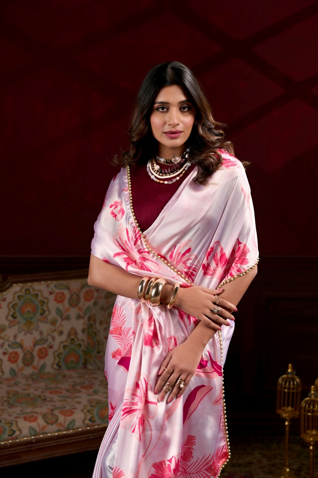 Vastranavya Baby Pink Satin Silk Floral Printed with Pearl Lace Saree with Unstitched Blouse - Distacart