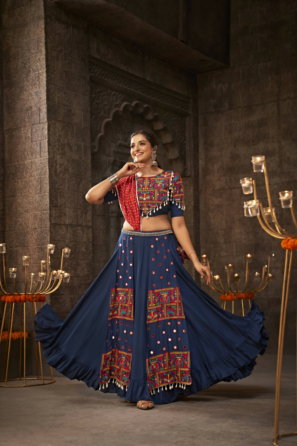 Blue Viscose Rayon Thread Embroidered Navratri Lehenga Choli with Dupatta - Raas
