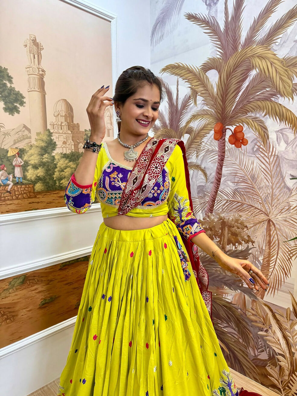 Teeya Creation Parrot Colour Rayon Silk Embroidery Work Fully Stitched Navratri Lehenga
