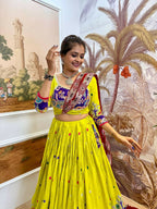 Teeya Creation Parrot Colour Rayon Silk Embroidery Work Fully Stitched Navratri Lehenga