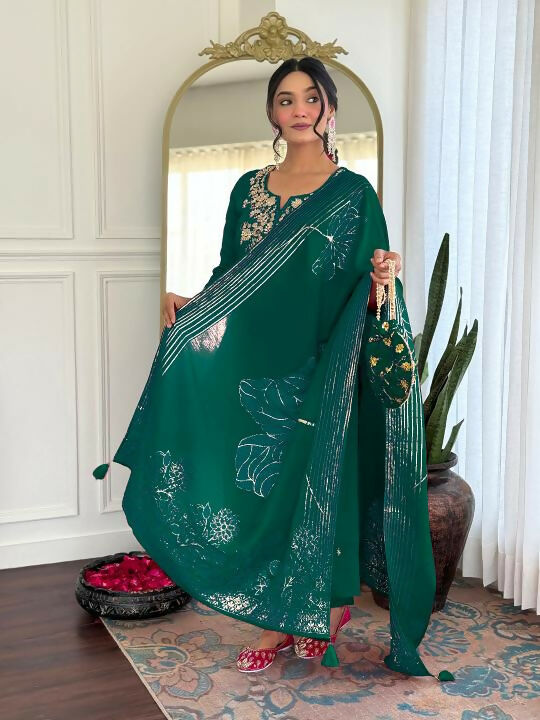 The52 Women Gorgeous Roman Silk Fabric Straight Kurta, Pant and Dupatta Set - Distacart