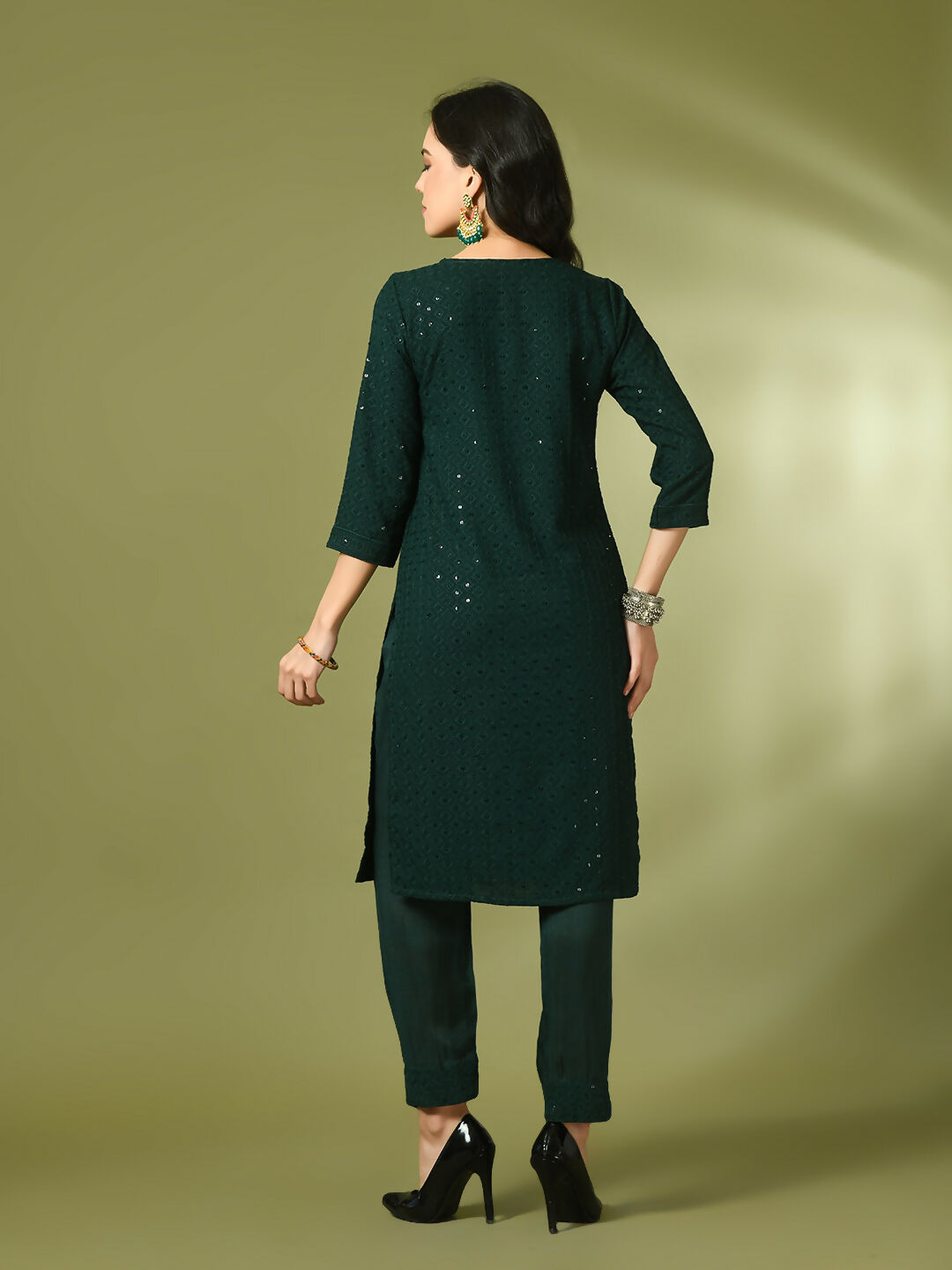 Myshka Women's Green Embroidered Cotton Straight Party Kurta Set