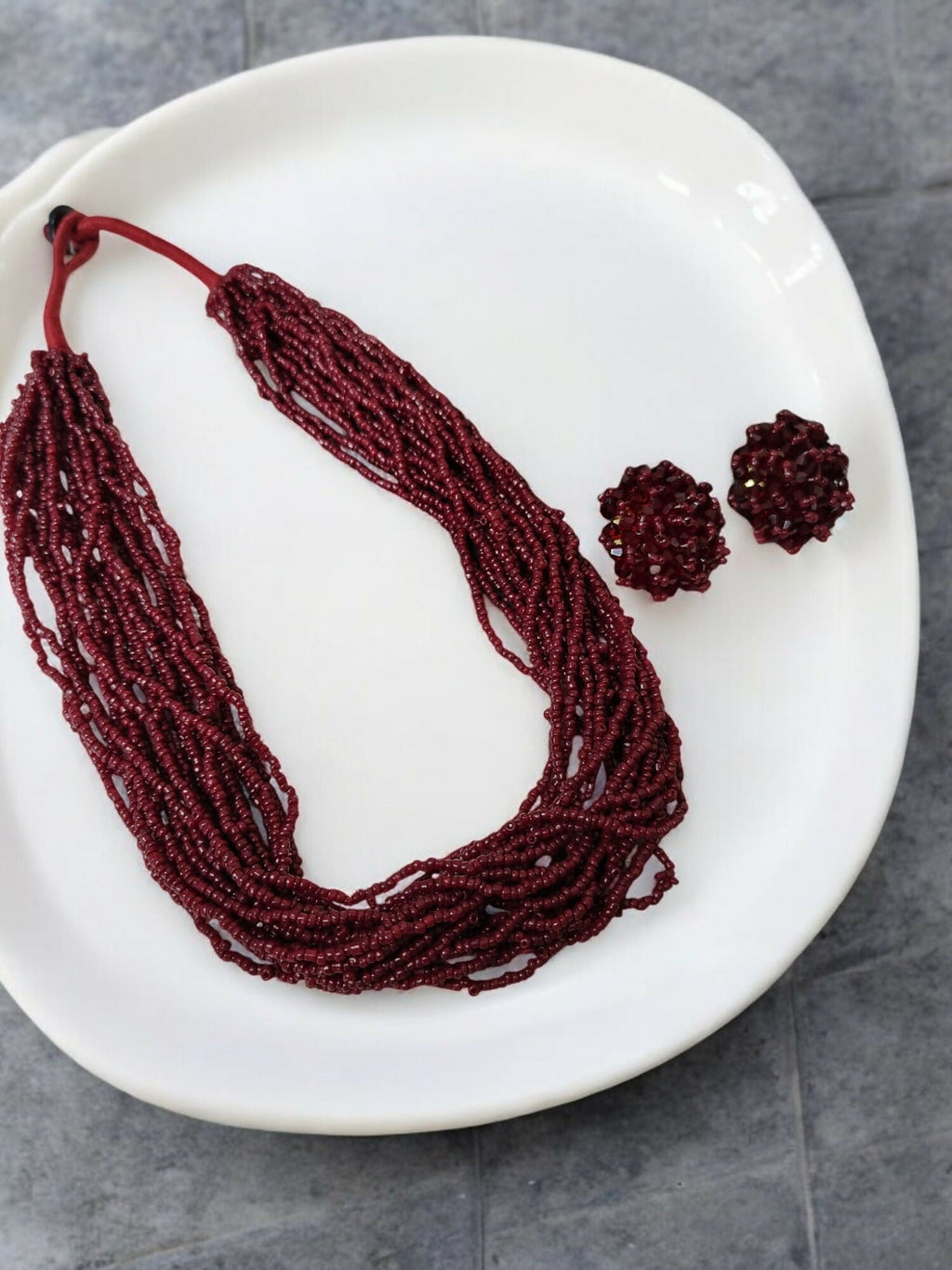 Inhanns Vibrant Handmade 20 Layers Beaded Necklace With Matching Earrings - Maroon