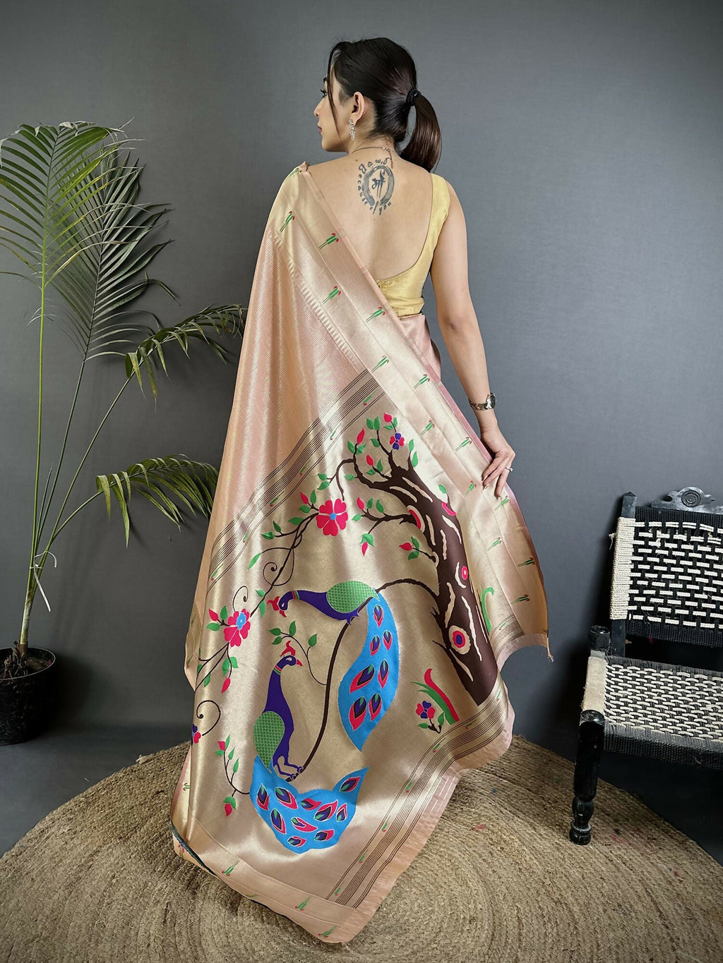 Joban Fashion Peach Peacock & Floral Motifs Tissue Paithani Saree - Distacart